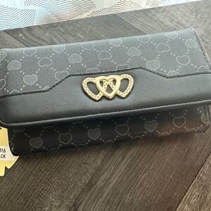 Black Heart-Print Women's Wallet with Gold Heart Accent